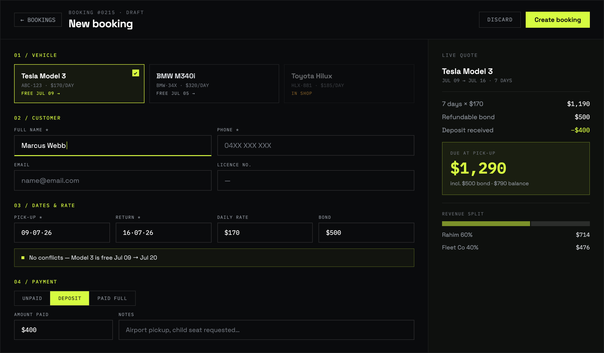Rental fleet booking screen — new booking form with vehicle selection, customer details and a live price quote